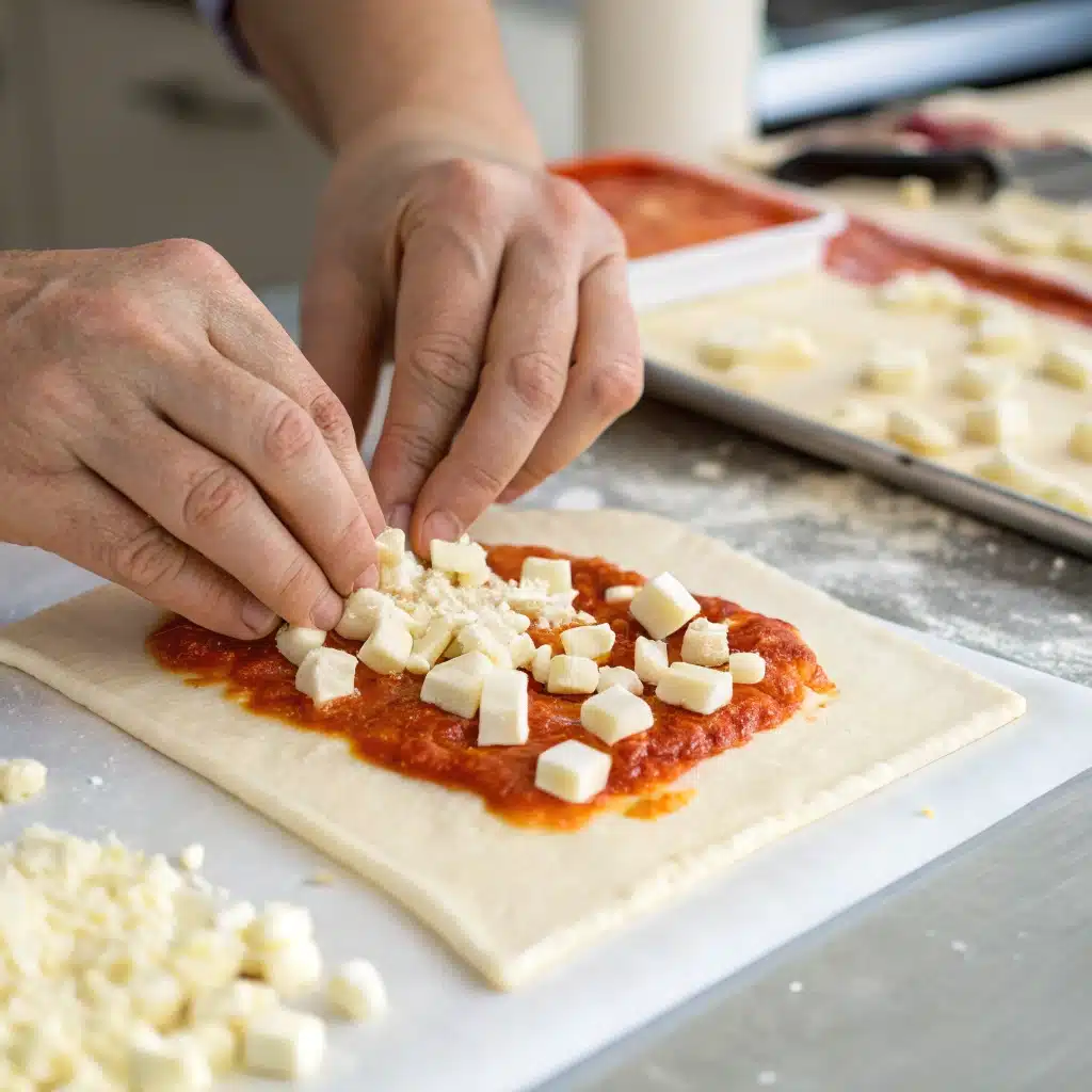 Unbaked pizza rolls on a baking sheet, ready for the oven. An easy homemade after school snack for kids.