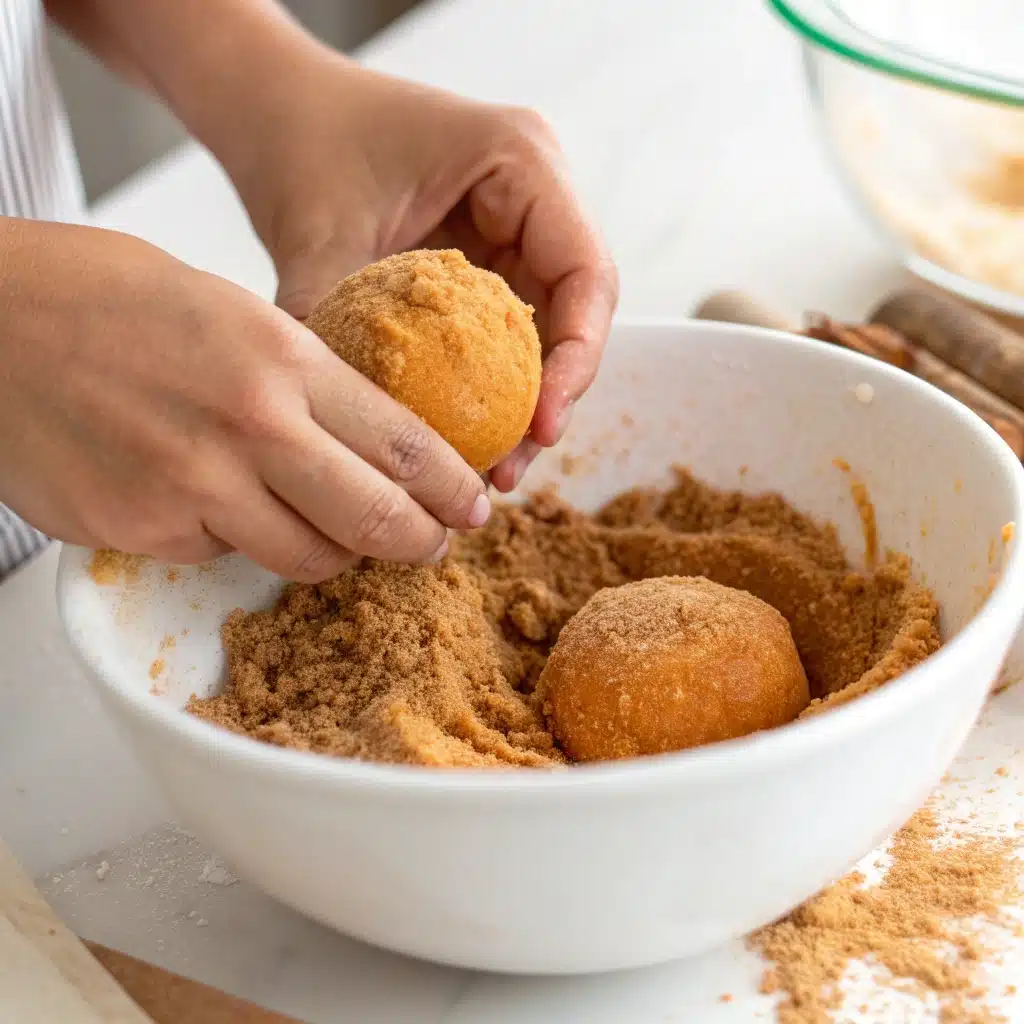A hand rolling a ball of pumpkin cookie dough in a bowl of cinnamon sugar.