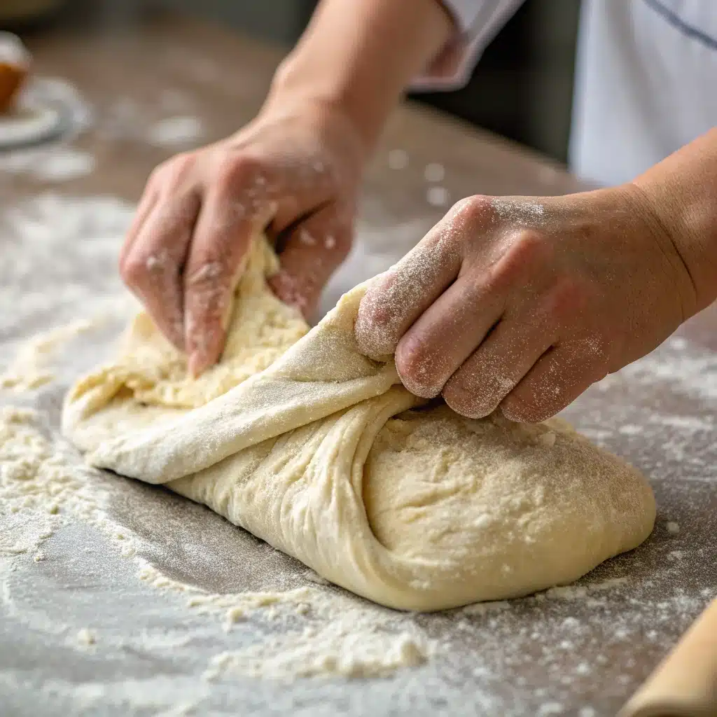 Folding the gluten free bread dough on a floured surface.