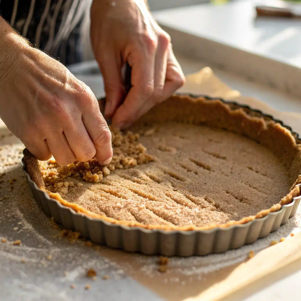 Pressing the chocolate almond crust into the pie pan.