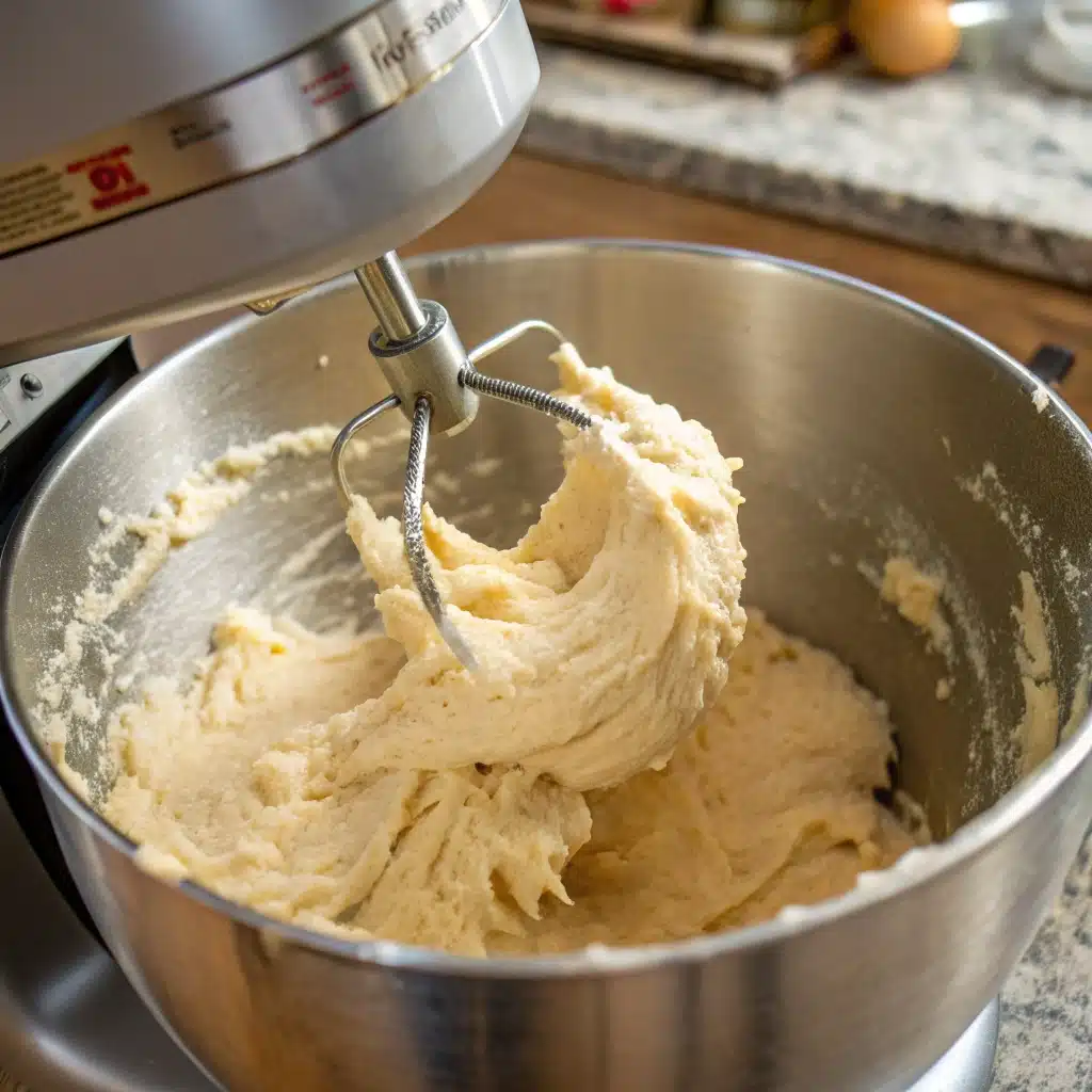 Mixing the sticky dough for Gluten Free Dinner Rolls in a stand mixer.