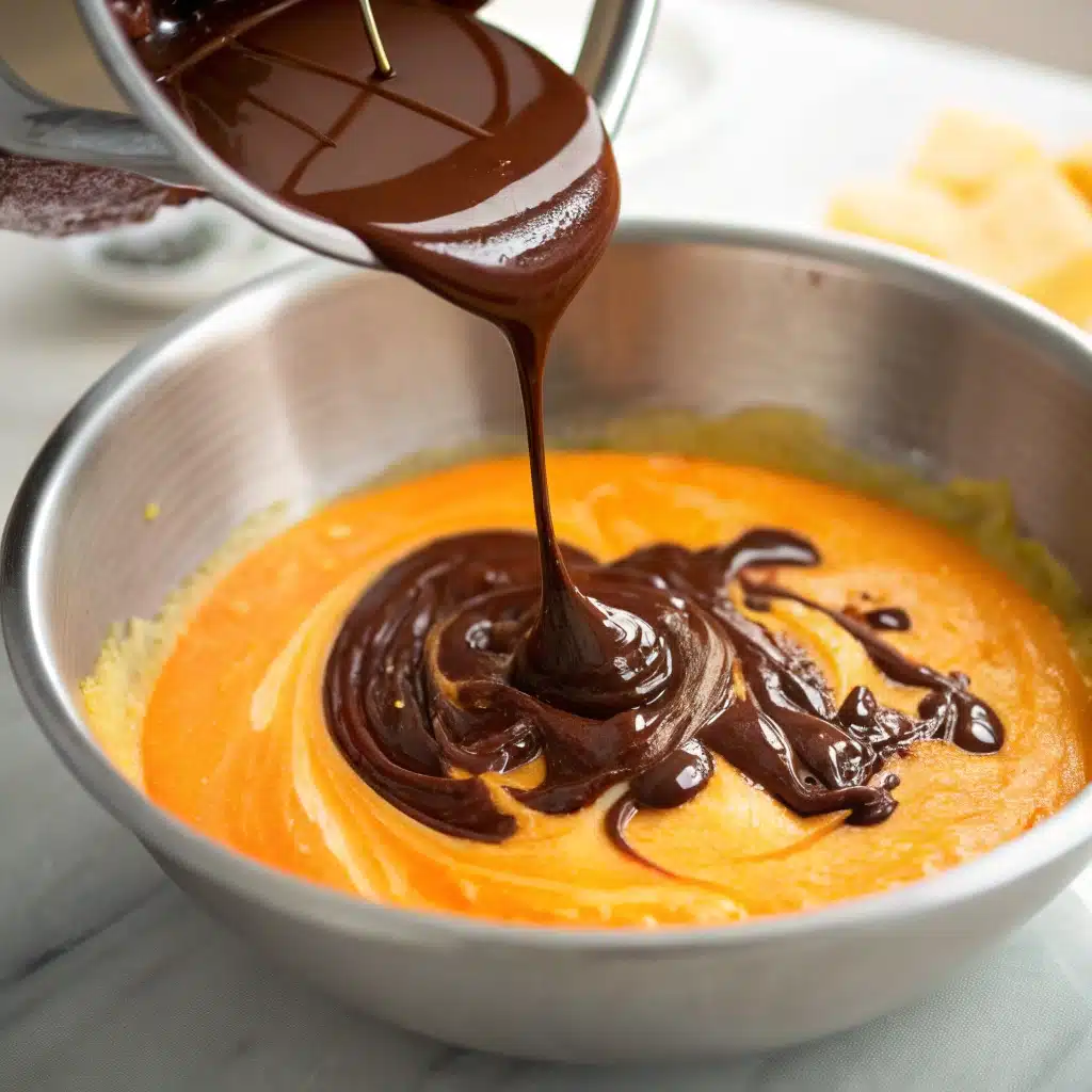 Pouring melted chocolate into the pumpkin batter for the torte.