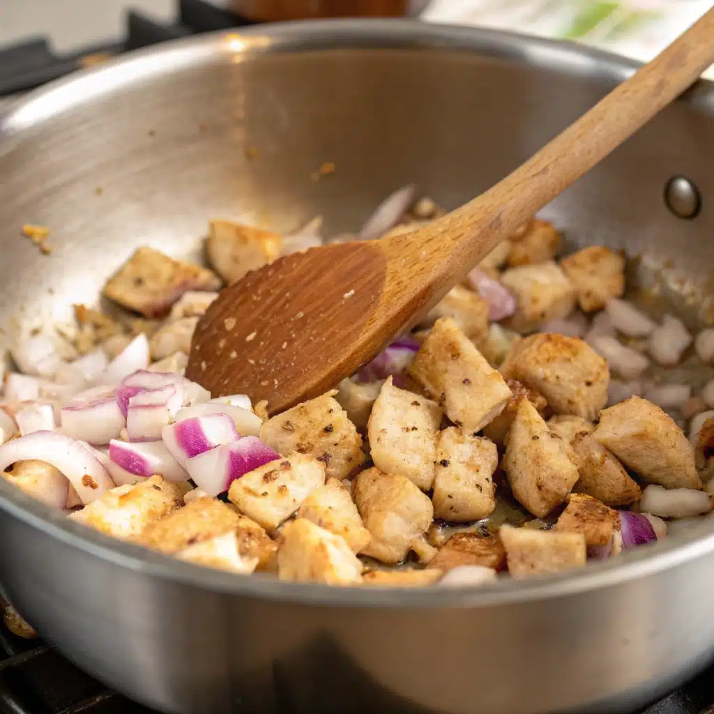 Sautéing chicken and onions in a pot for one-pot chicken and rice.
