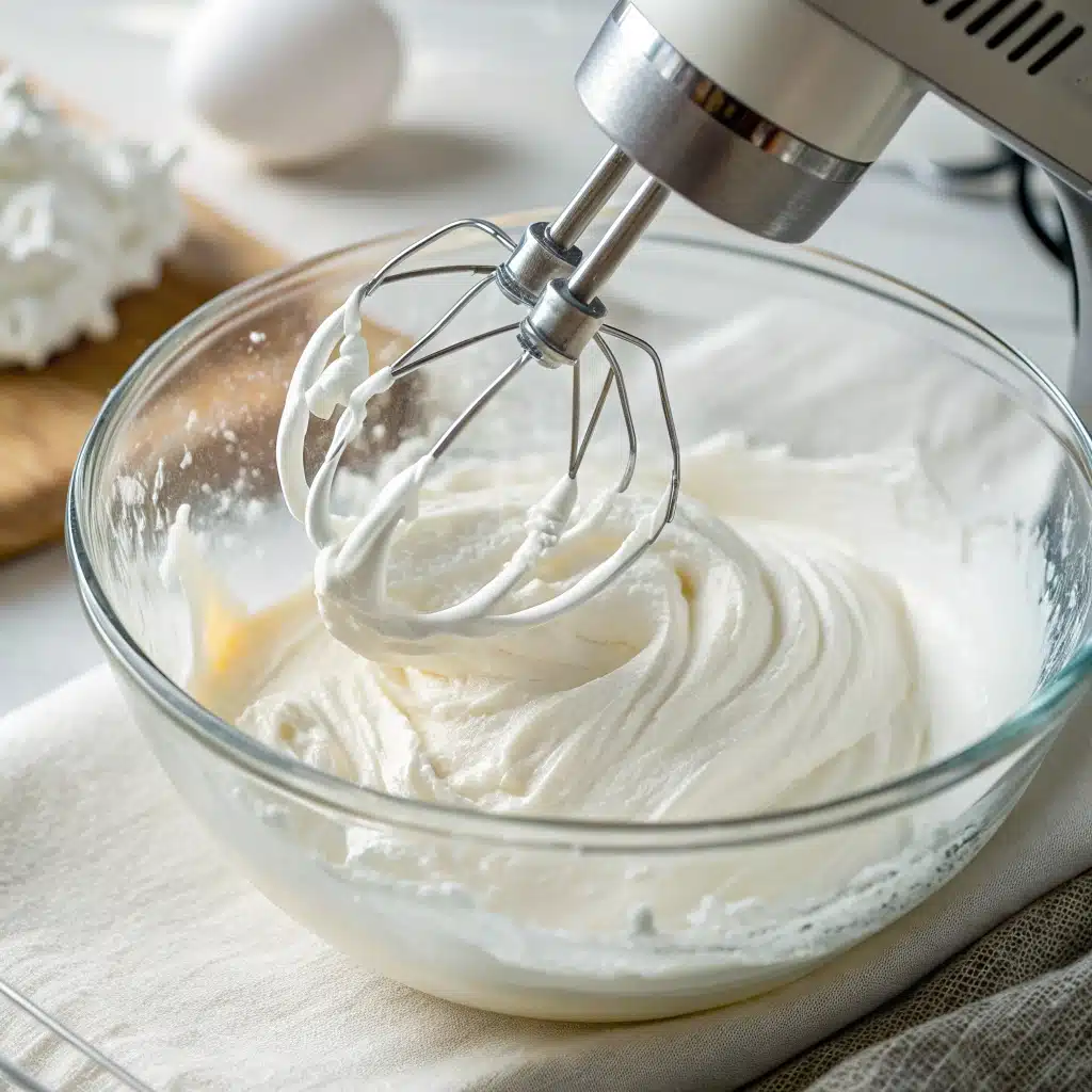 An electric mixer whisk creating soft peaks in egg whites for the cake batter.