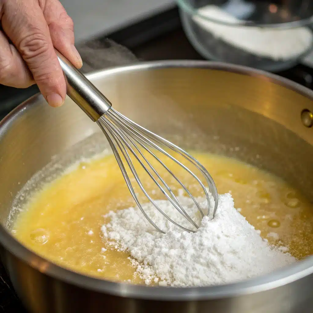 Whisking gelatin powder into the hot turmeric lemon liquid.