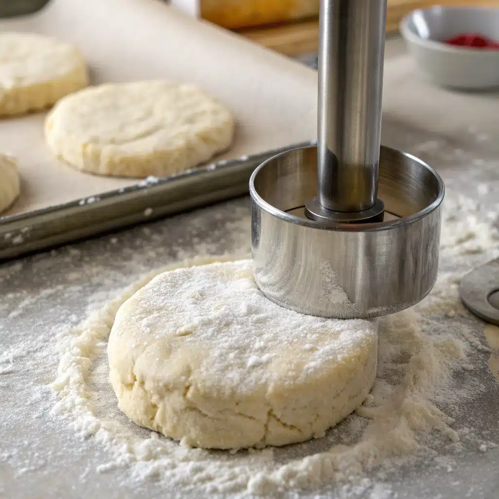 Cutting out round biscuits from the dough using a metal cutter.