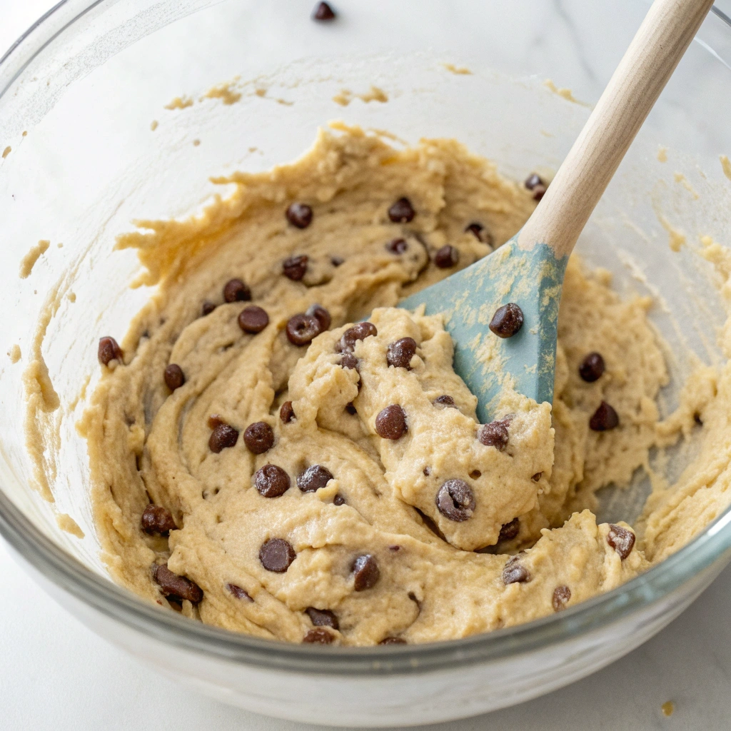 The thick muffin batter for Greek Yogurt Chocolate Chip Muffins in a mixing bowl.