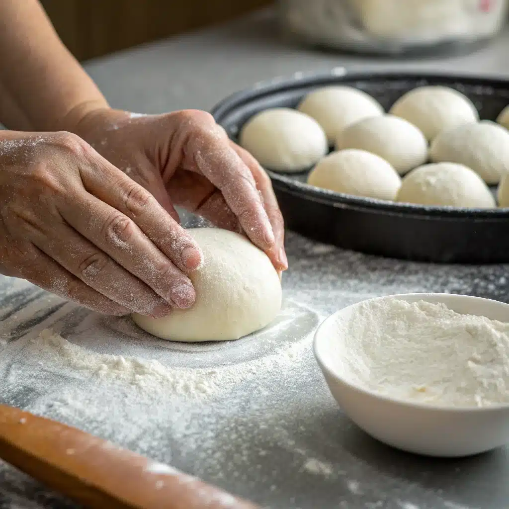 Shaping the chilled dough into round Gluten Free Dinner Rolls.