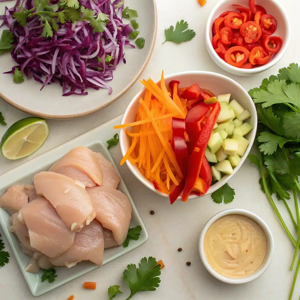 Fresh, colorful ingredients for making Gluten-Free Chicken Wraps and cashew sauce.