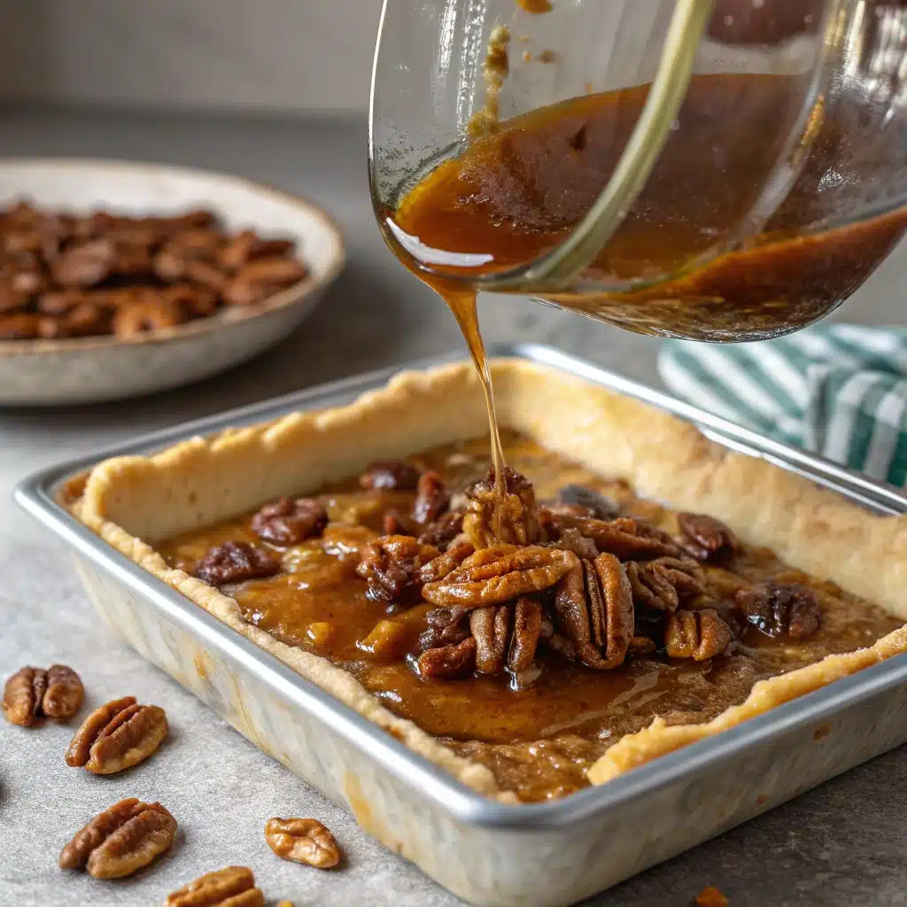 Pouring the pecan filling over the baked crust.