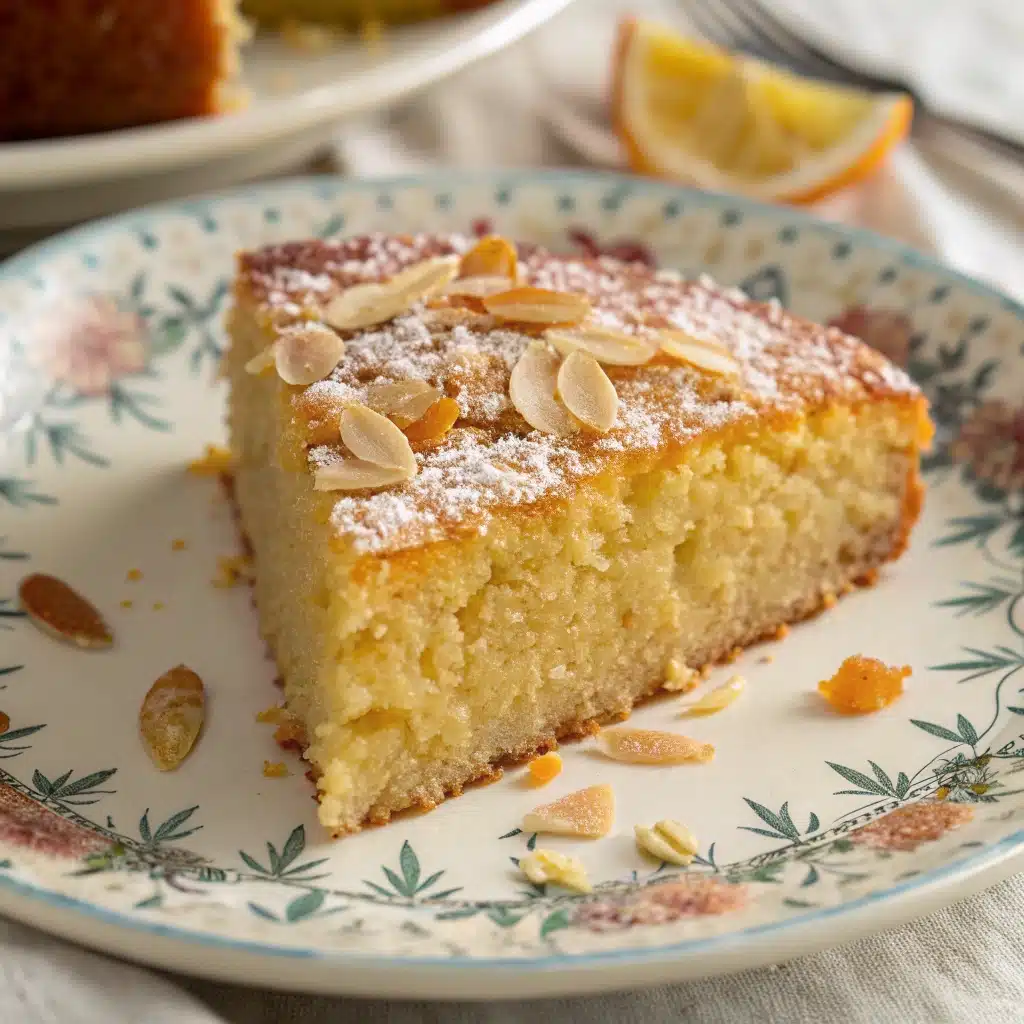 A close-up of a slice of moist Gluten-Free Almond Orange Cake, showing its texture.