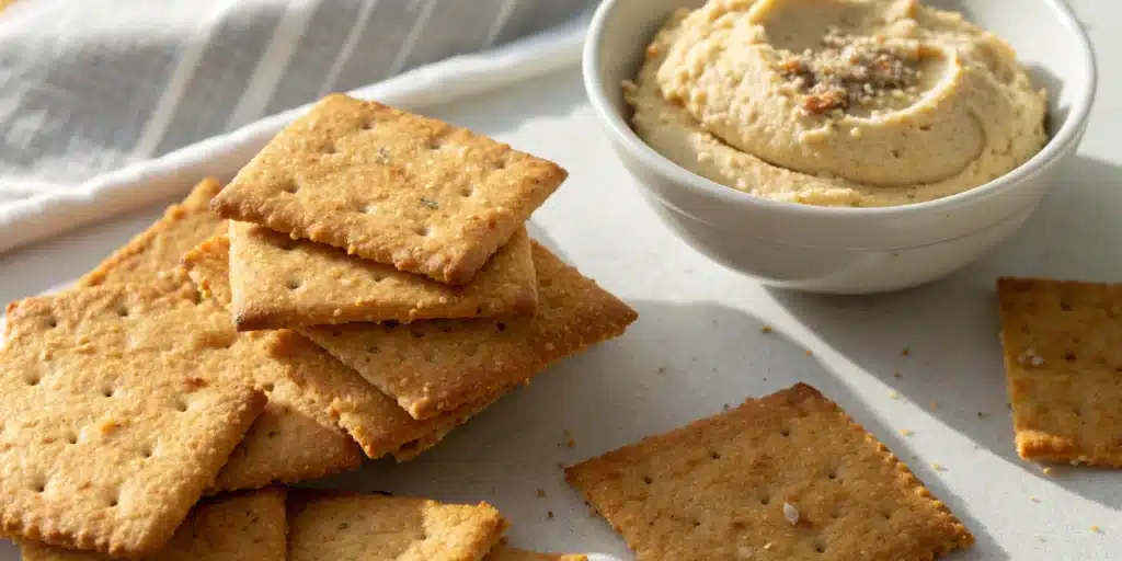 A board of crispy homemade Gluten-Free Almond Flour Crackers next to a bowl of hummus.