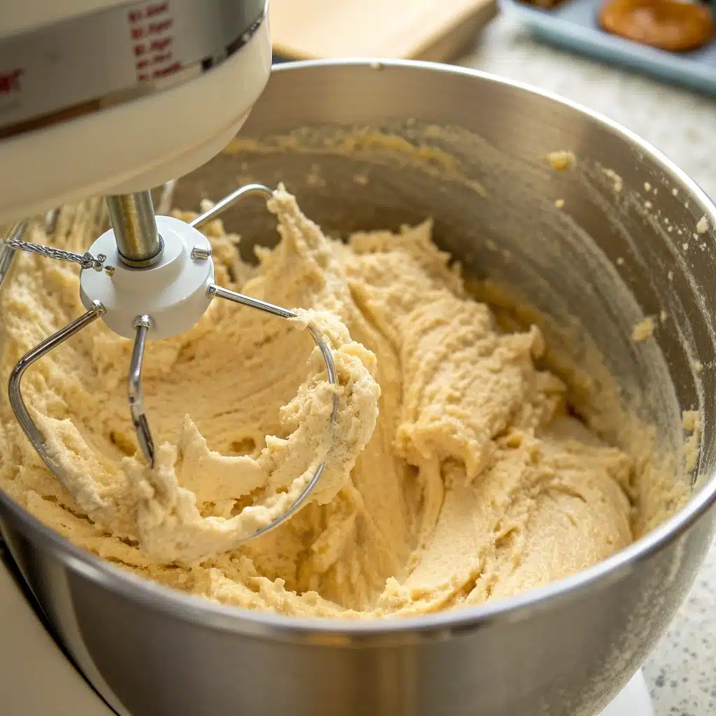 Creaming together the butter, sugars, and peanut butter in a stand mixer bowl.
