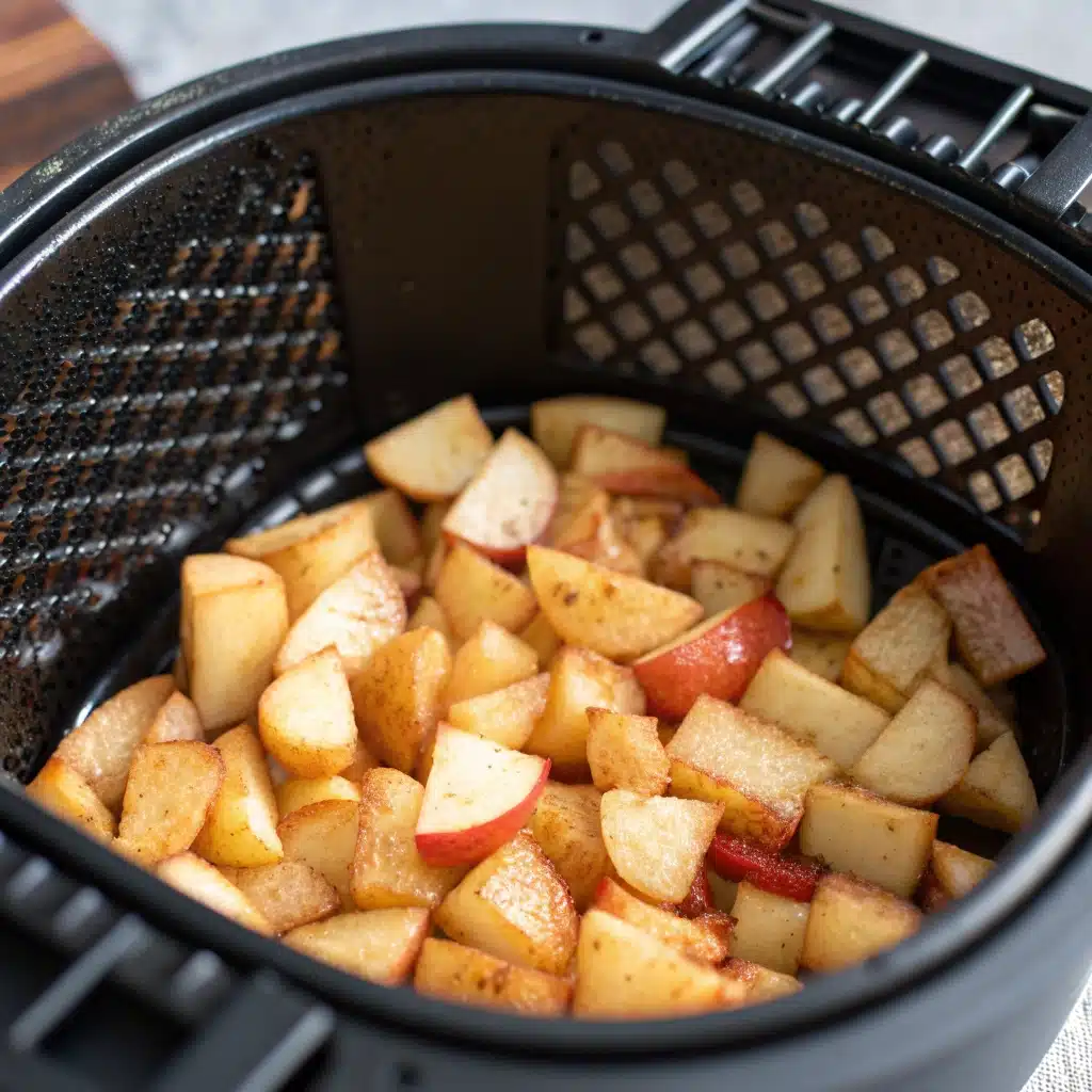 Diced, glazed apples in a single layer in an air fryer basket, ready to cook.