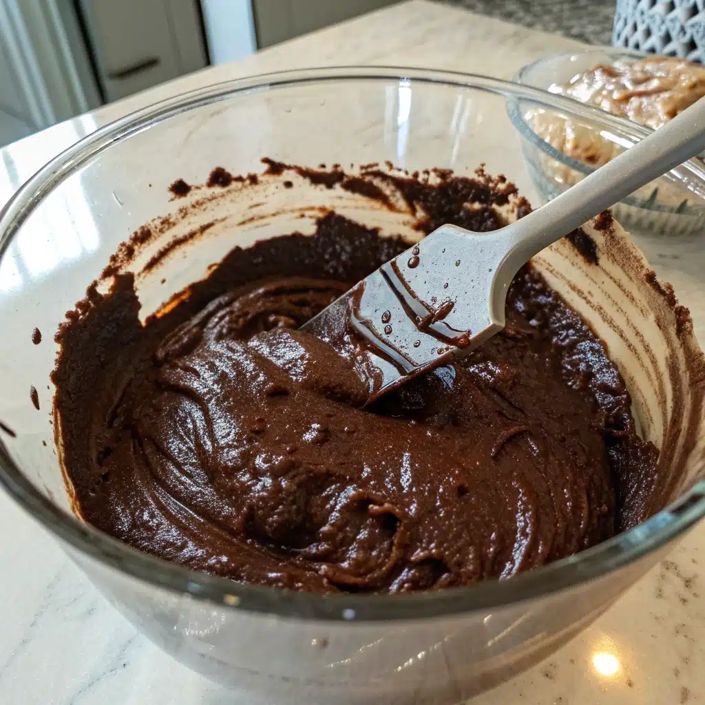The thick, glossy batter for Sweet Potato Brownies (Gluten-Free and Vegan) in a mixing bowl.