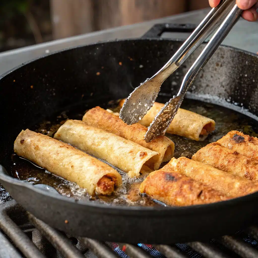 Several Gluten-Free Chicken Taquitos sizzling and turning golden brown in a cast-iron skillet.