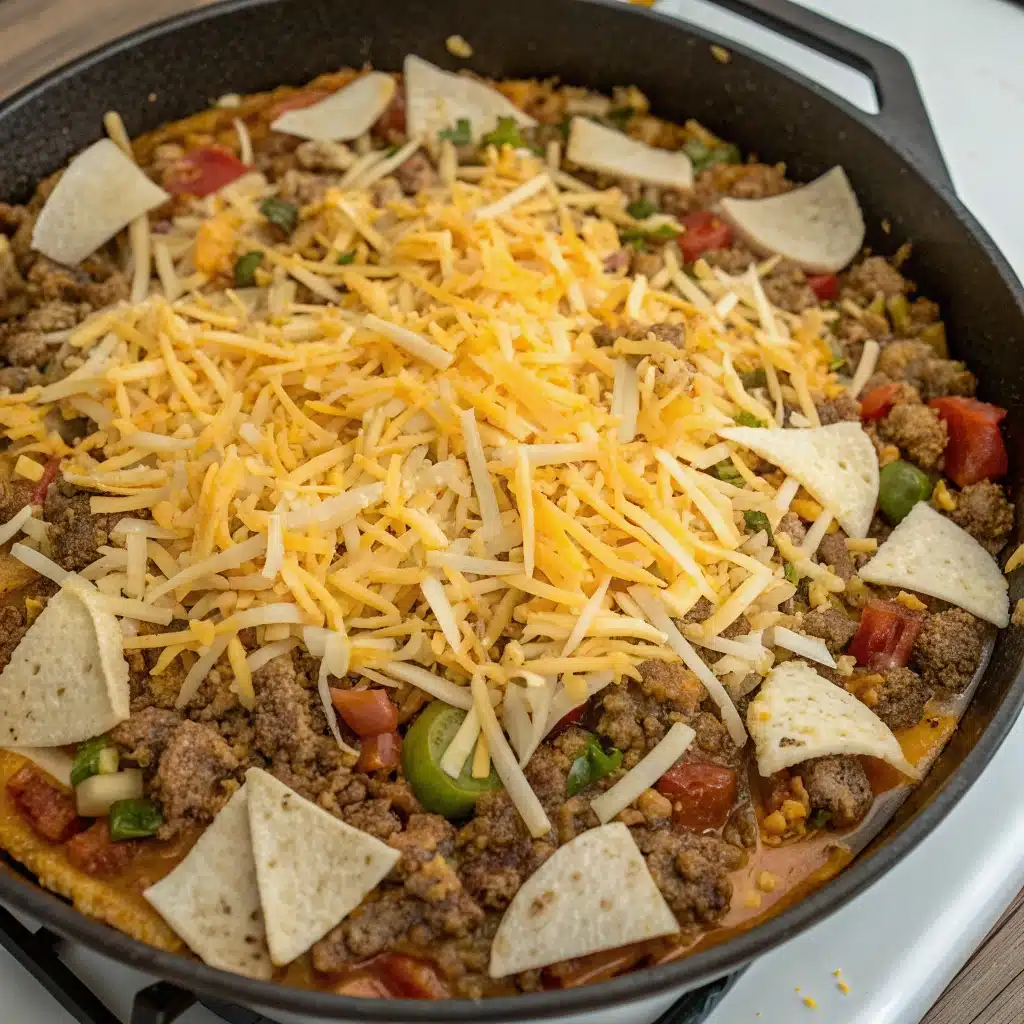 The Ground Beef Enchilada Skillet topped with shredded cheese and ready to go in the oven.