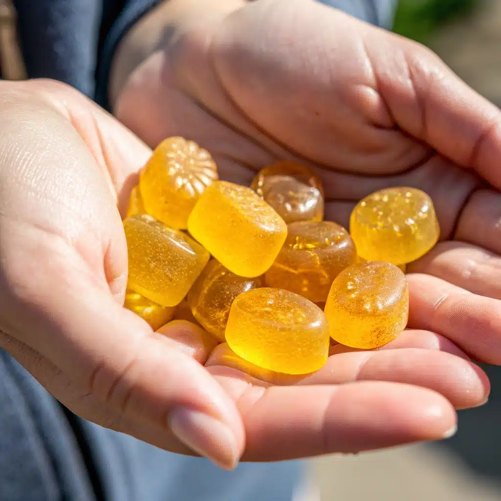 A close-up of a single translucent Lemon Turmeric Gummy.