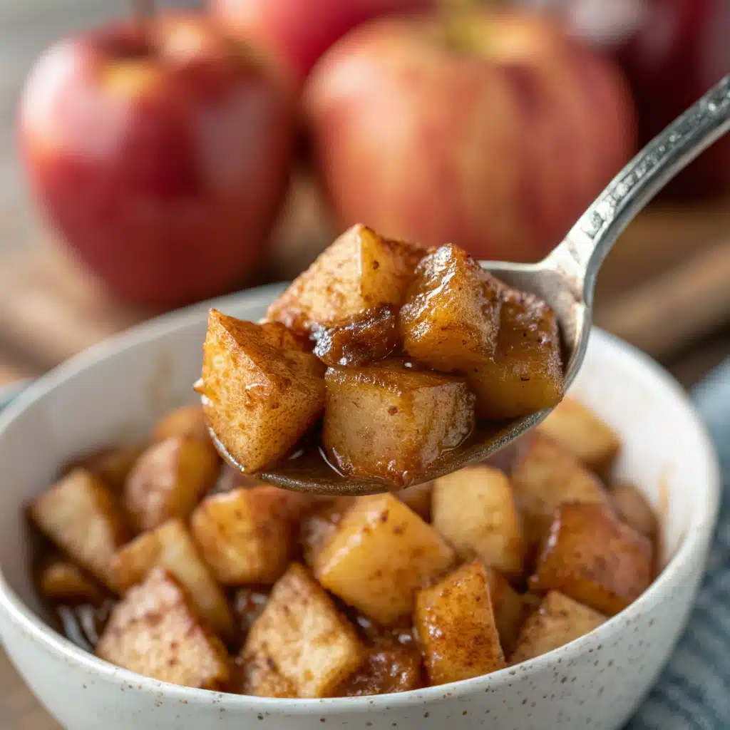  A close-up spoonful of tender and glossy Maple Air Fryer Apples.