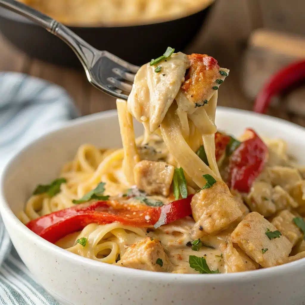 A close-up of a forkful of creamy Cashew Cream Cajun Chicken Pasta.