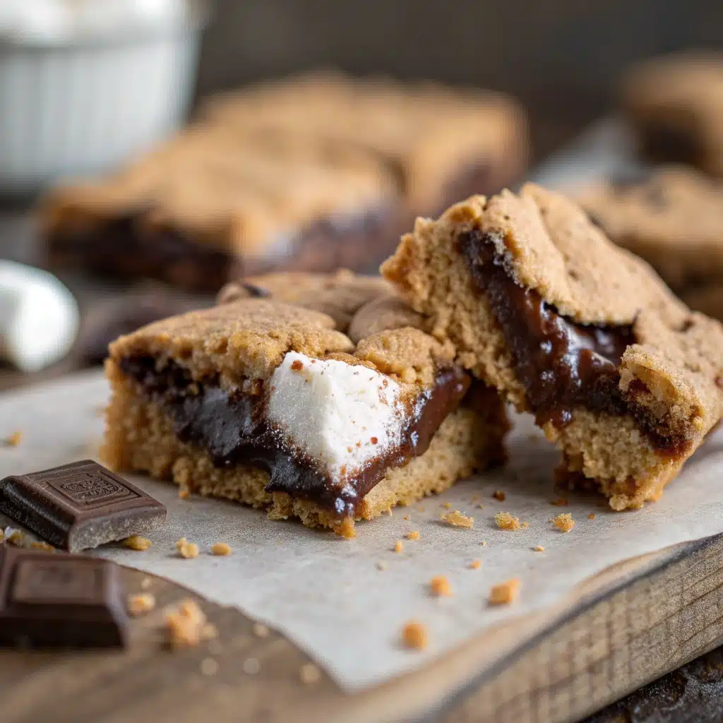 A close-up of a S'mores Cookie Bar being broken in half with a dramatic marshmallow pull.
