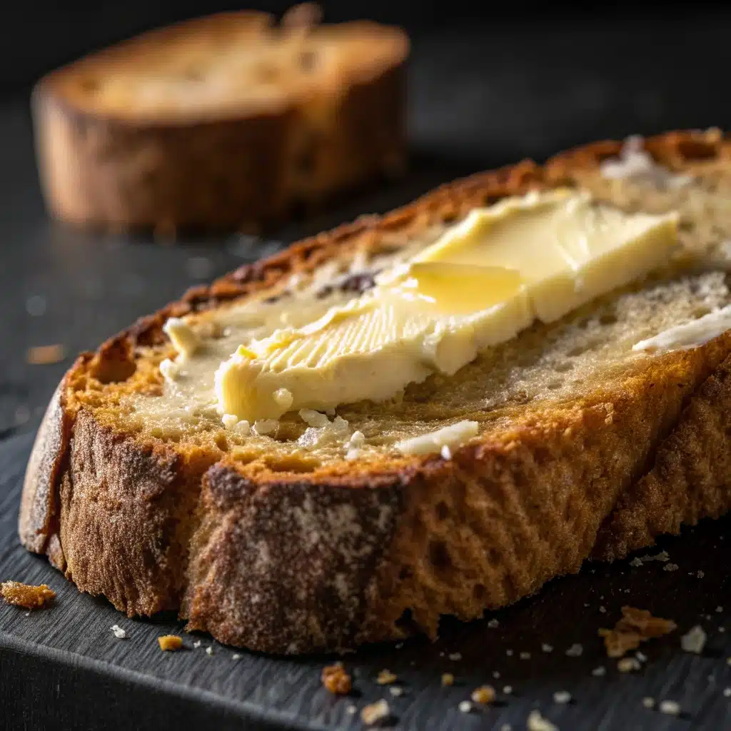  A slice of toasted Gluten Free Artisan Bread with melted butter.