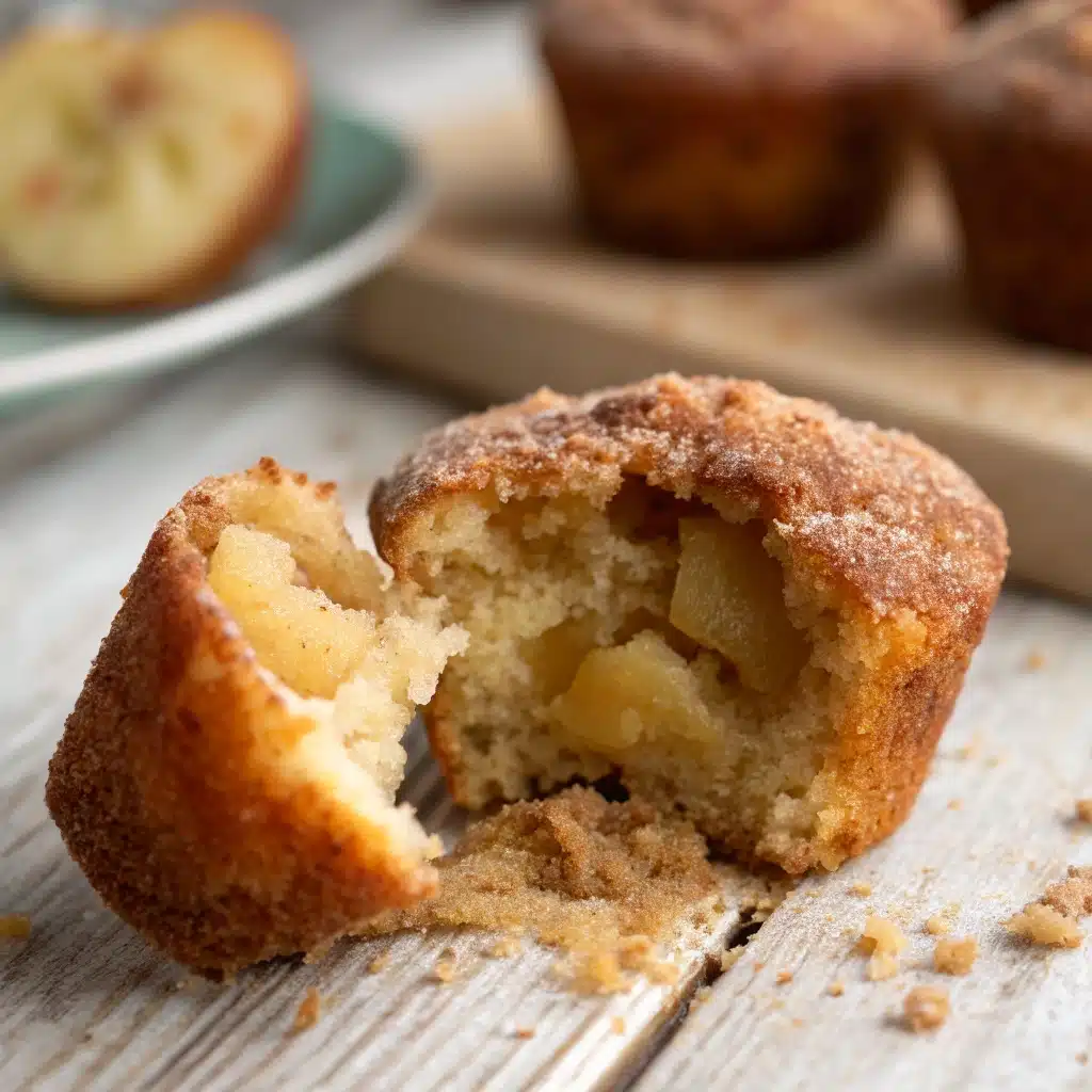 A close-up of a single Gluten Free Mini Apple Muffin showing the texture inside.