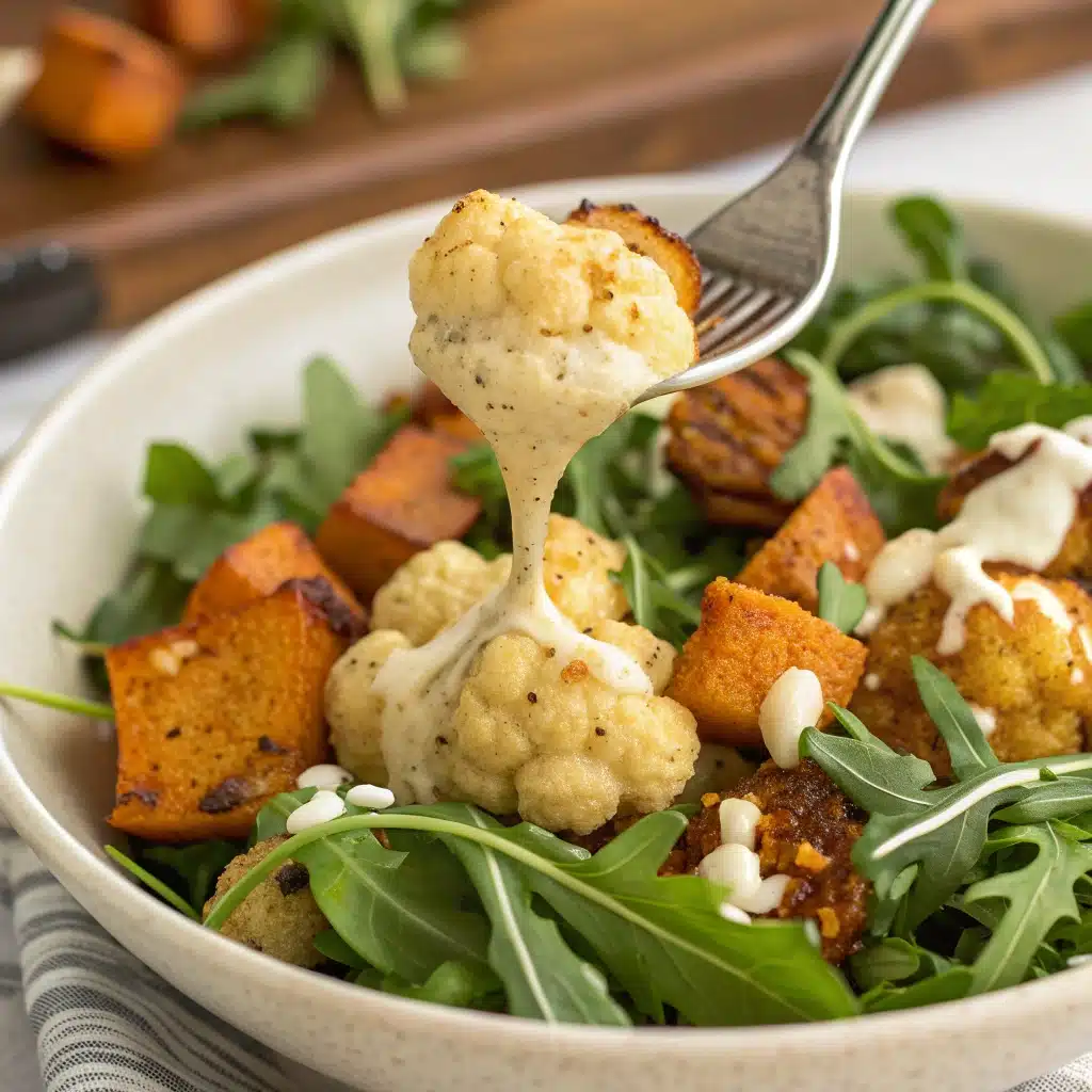 A close-up bite of the roasted veggie Glow Bowl.