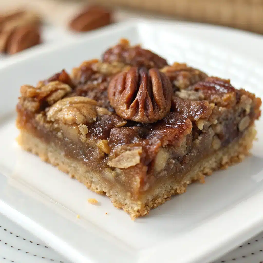 A close-up of a single Healthy Pecan Pie Bar.