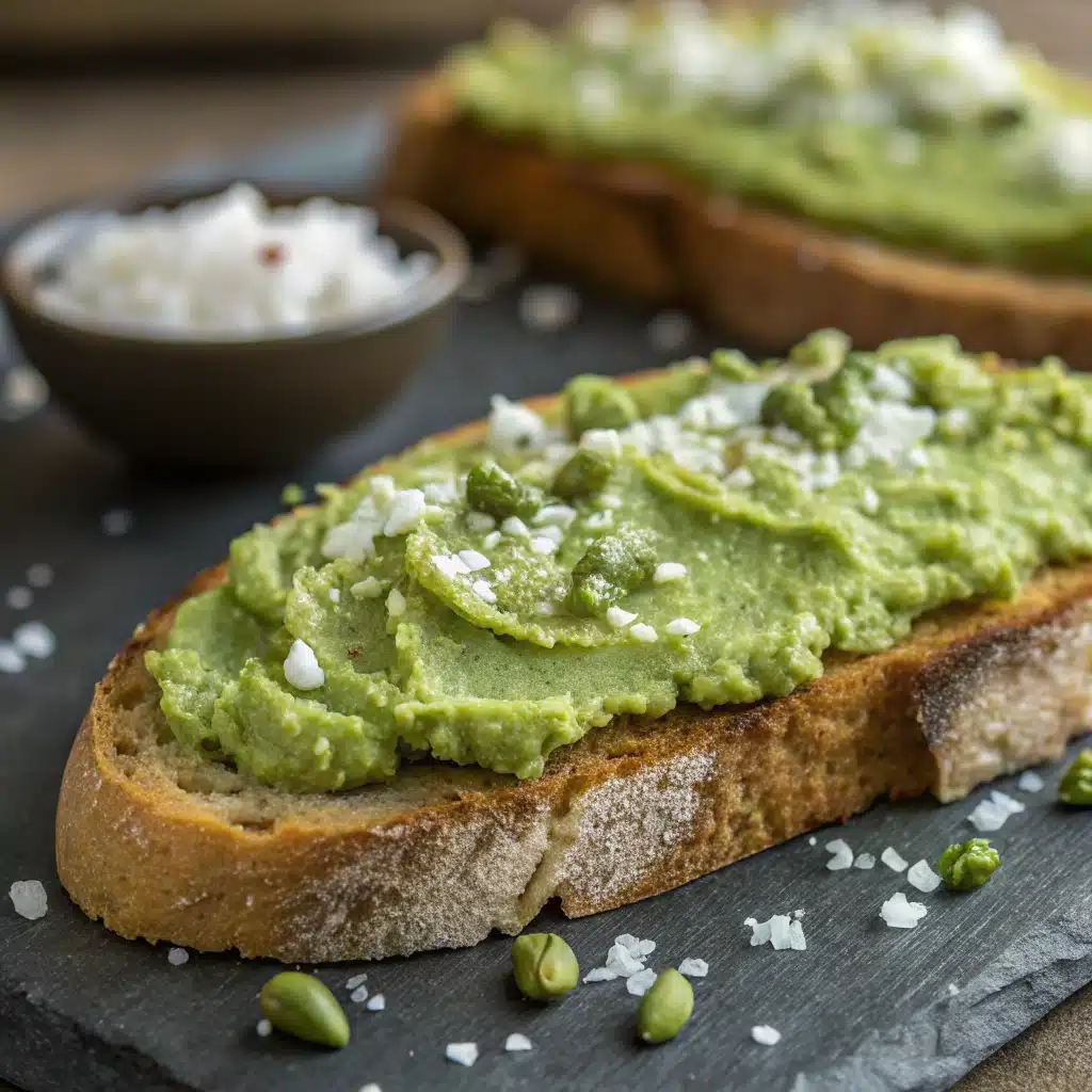 A close-up of toast spread with Homemade Pistachio Butter.