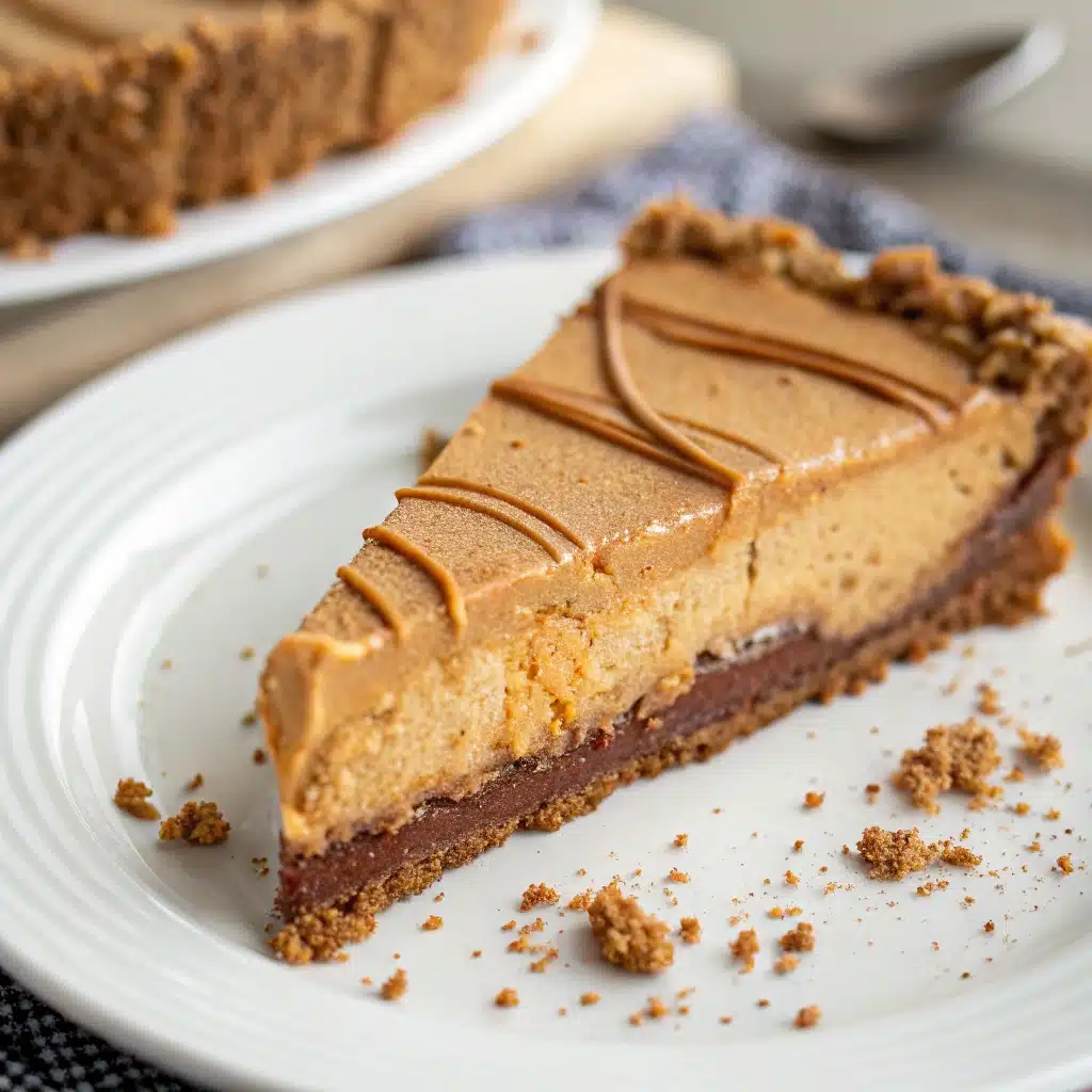 A close-up slice of vegan gluten free peanut butter pie.