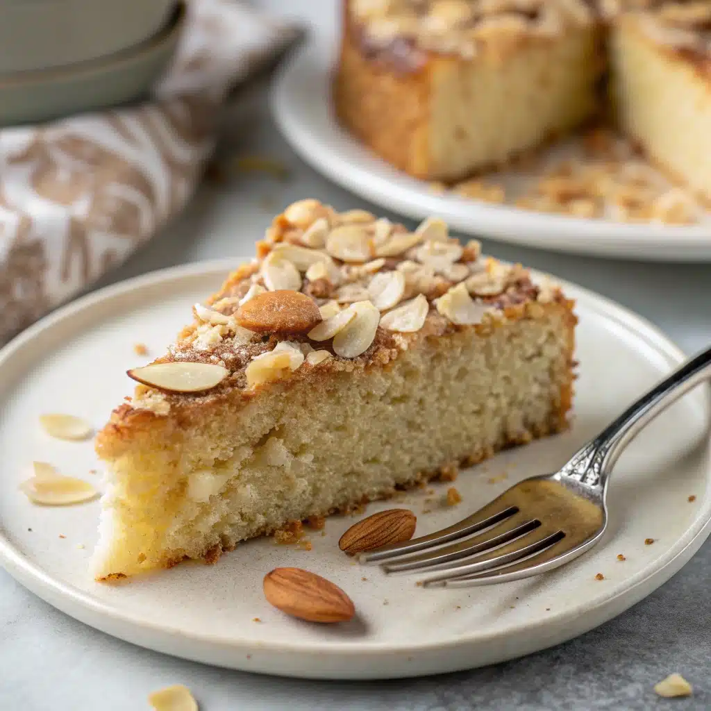 A close-up slice of moist Gluten-Free Almond Flour Cake.
