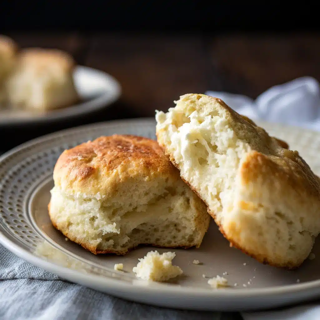 A close-up of a fluffy Gluten Free Buttermilk Biscuit split open.