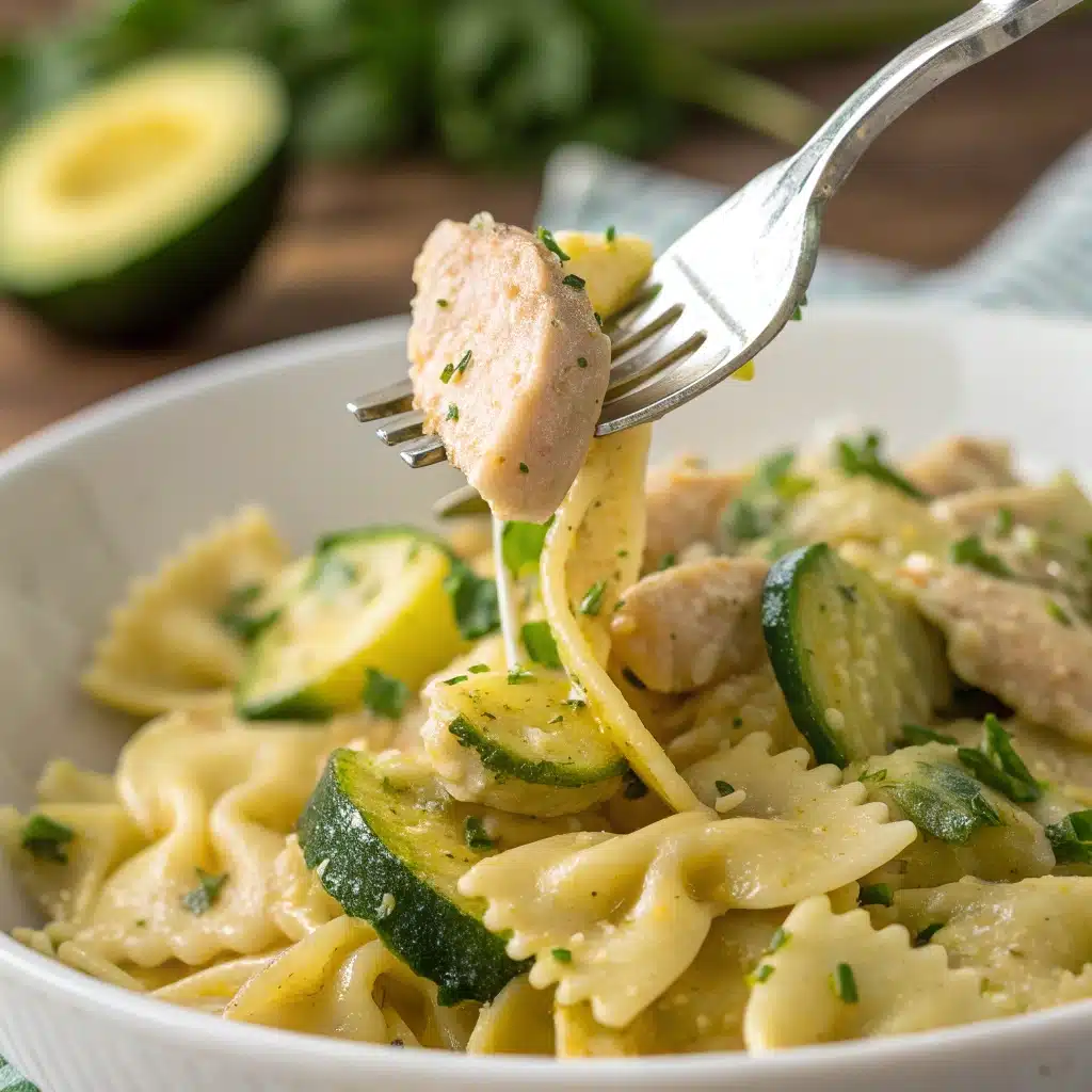 A close-up of a forkful of delicious Lemon Chicken Pasta.