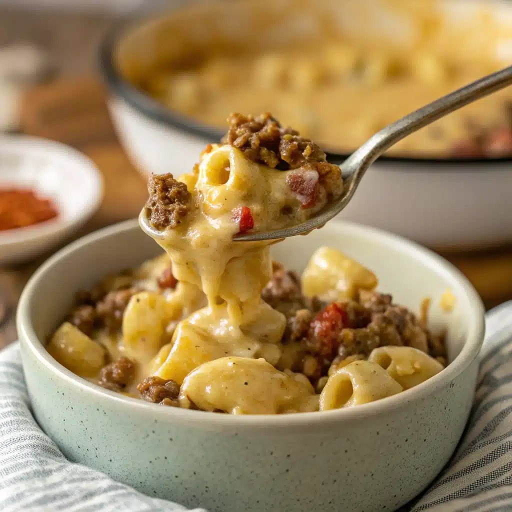 A close-up spoonful of creamy and cheesy homemade Gluten Free Hamburger Helper.
