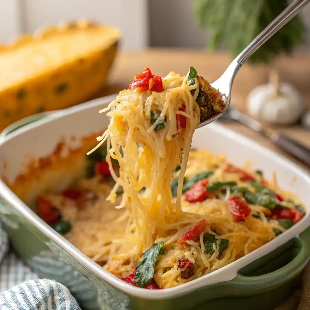 A close-up spoonful of vegan spaghetti squash bake showing texture