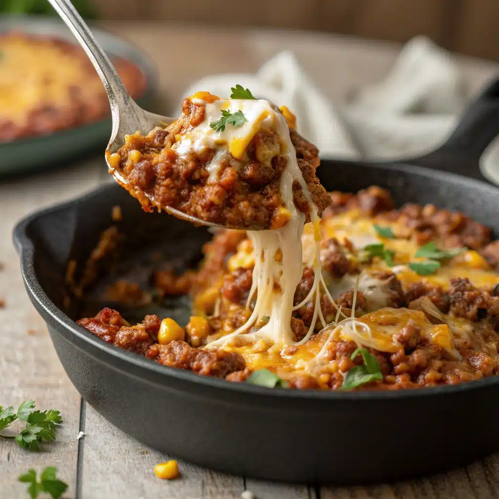 A close-up spoonful of the Ground Beef Enchilada Skillet showing a massive cheese pull