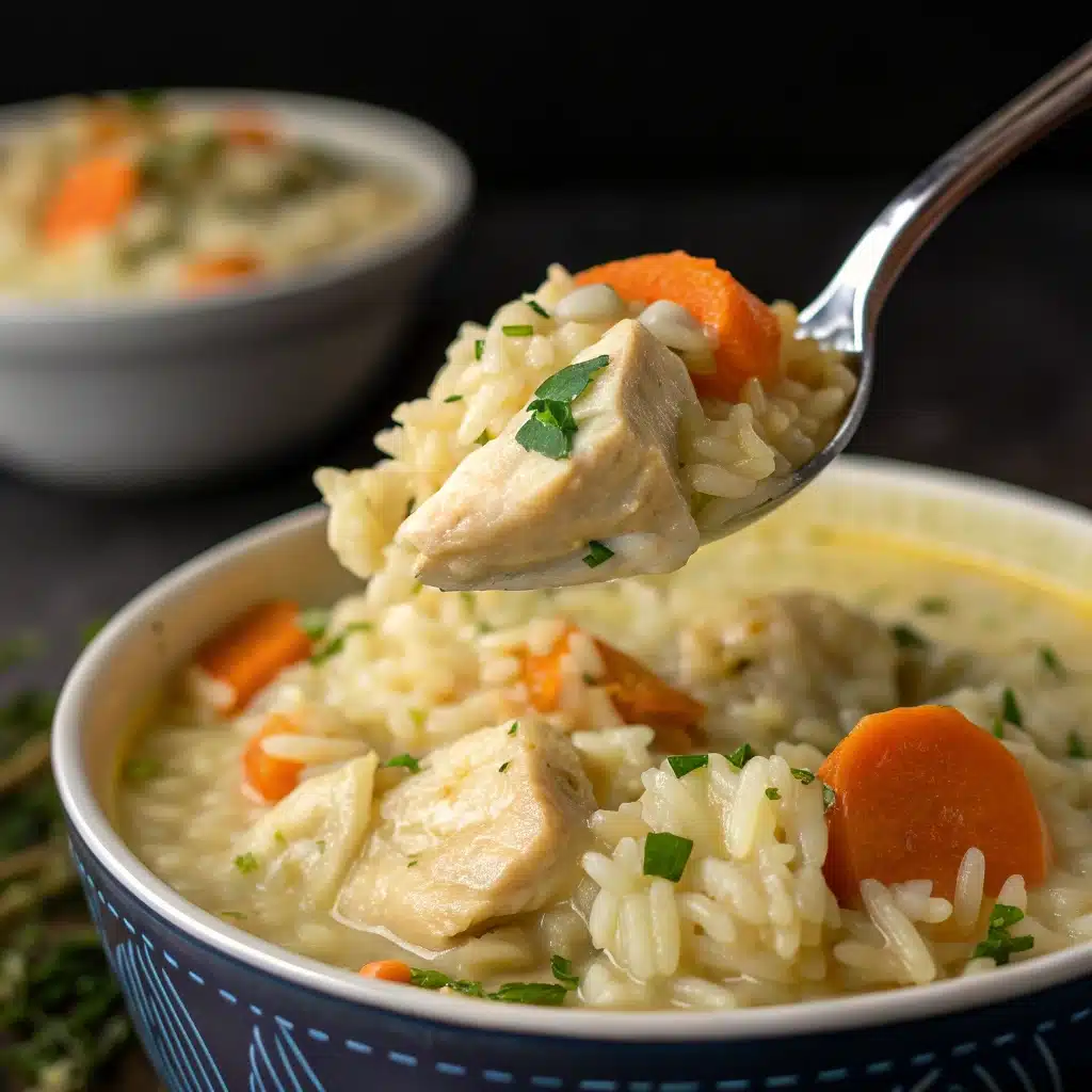 A close-up spoonful of creamy Gluten Free Chicken and Rice.