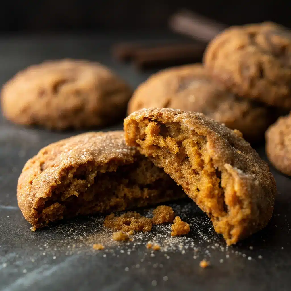  A close-up of a Chewy Pumpkin Cookie bent in half to show the dense, chewy inside.