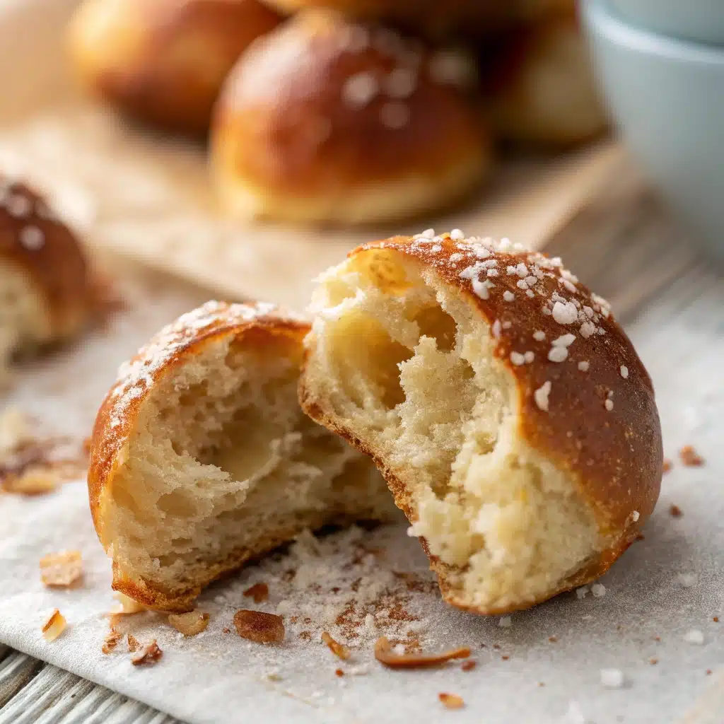 A close-up of a Gluten Free Soft Pretzel Bite torn open to show the soft, chewy interior.