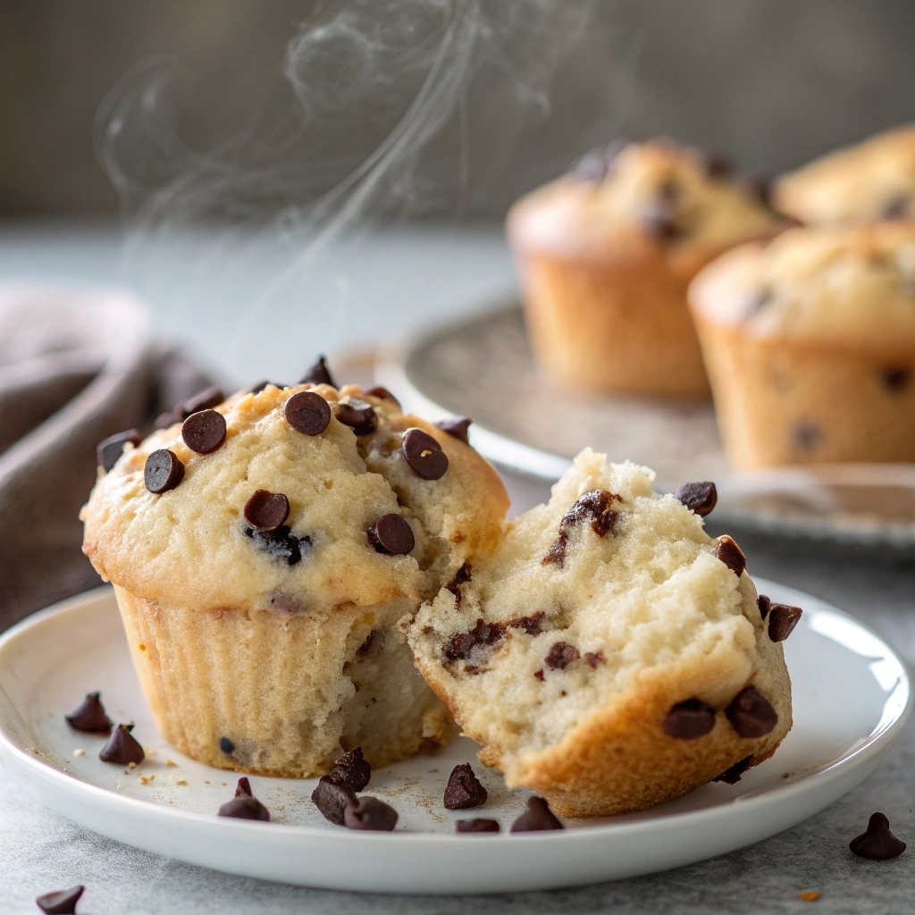 A close-up of a Greek Yogurt Chocolate Chip Muffin split open to show the moist crumb.