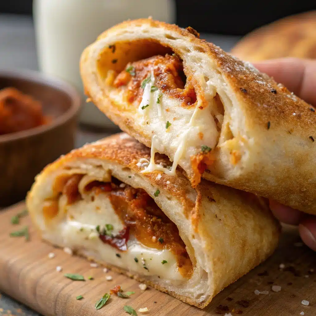 A close-up of a homemade pizza roll showing the melted cheese inside. A perfect homemade after school snack for kids.