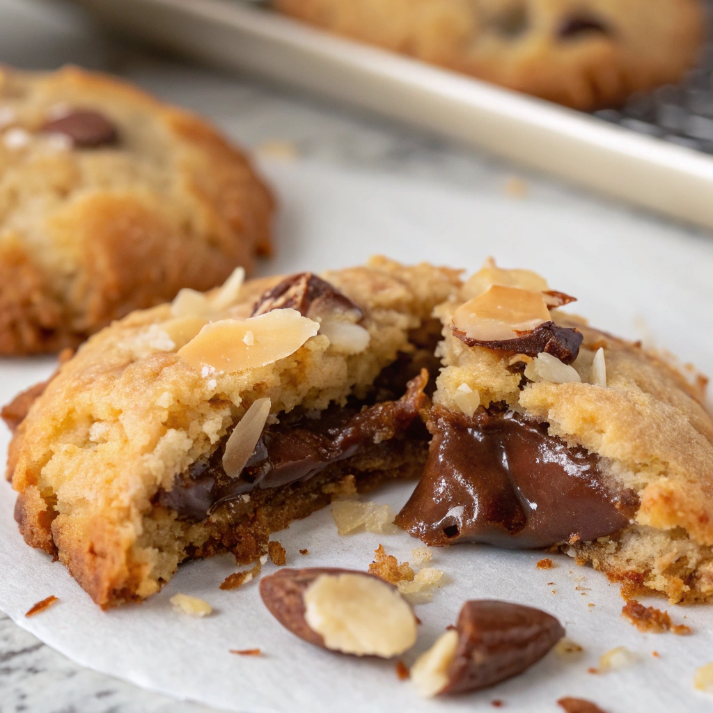A close-up of a Gluten-Free Almond Joy Cookie broken in half showing the gooey inside.