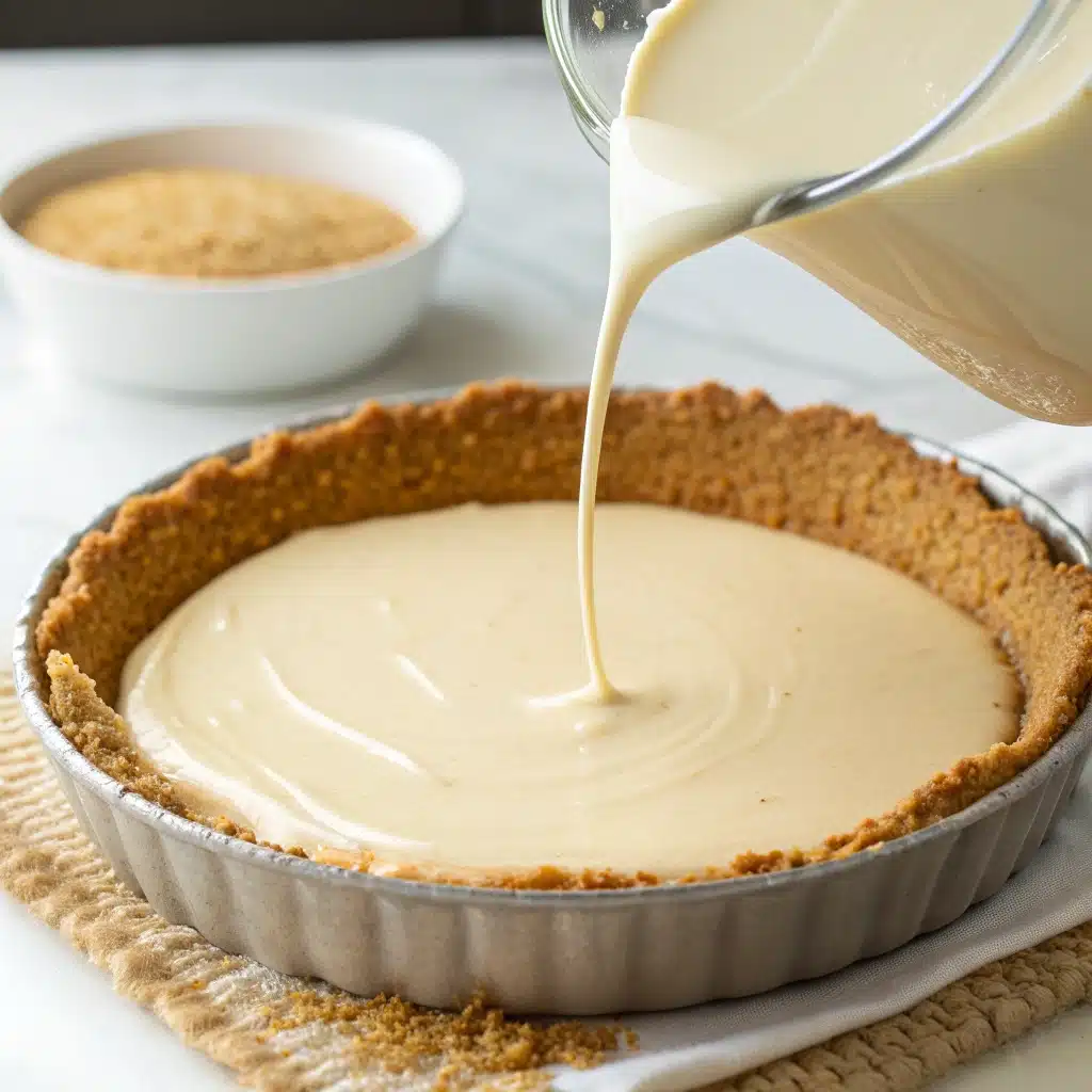 Pouring the creamy honey filling into the gluten-free pie crust.