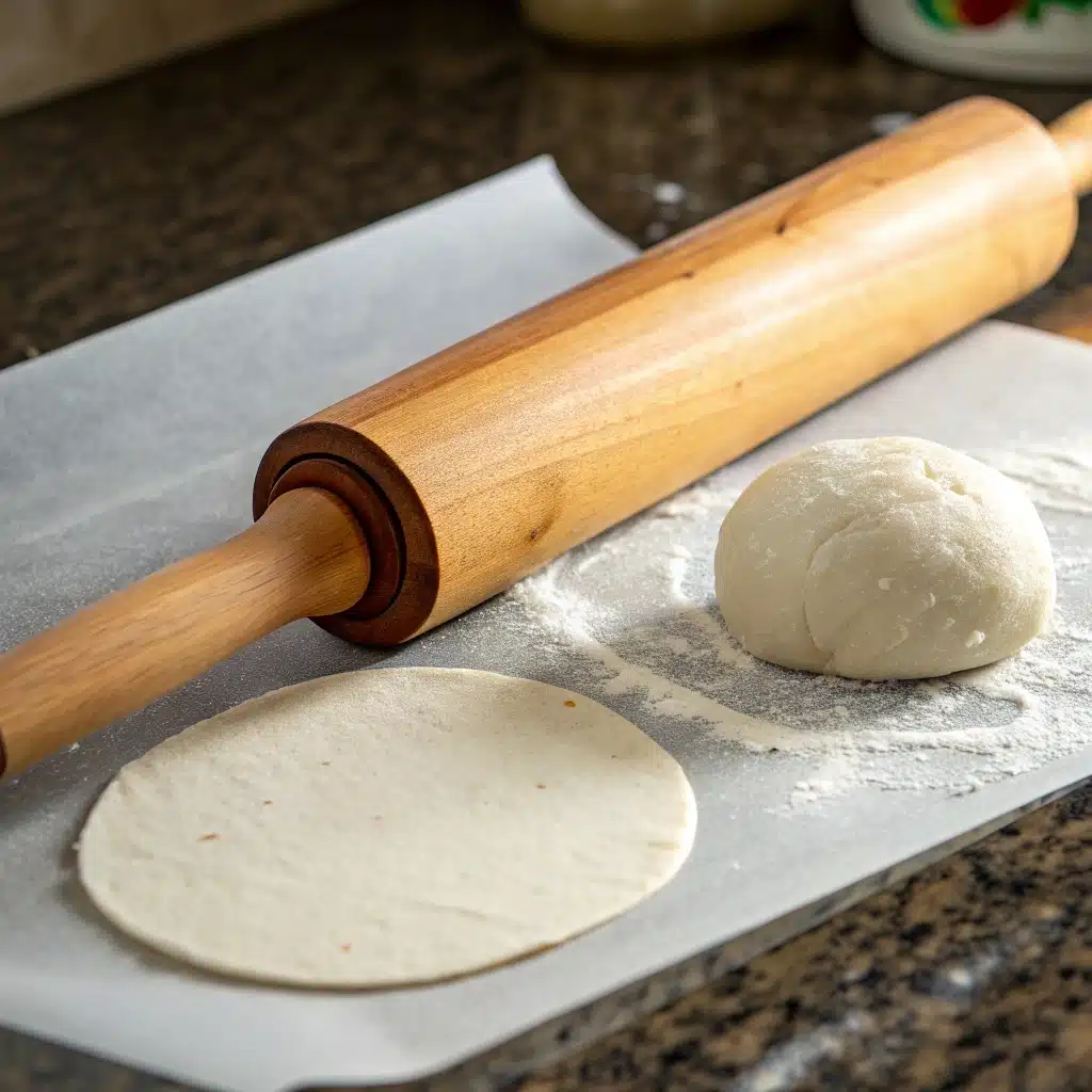 Rolling out a ball of gluten-free dough between two sheets of parchment paper.