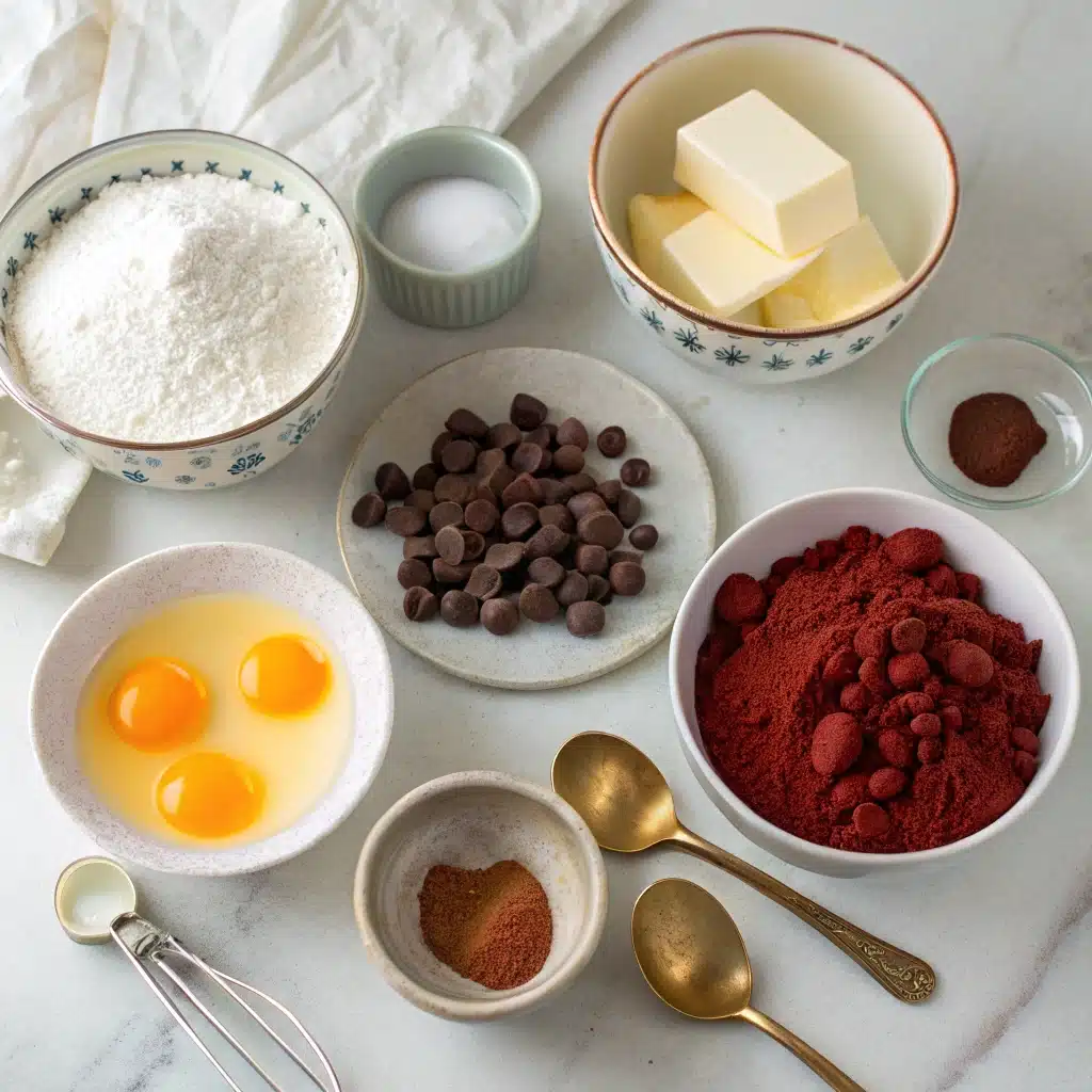 Ingredients for gluten-free Red Velvet Brownies laid out on a table