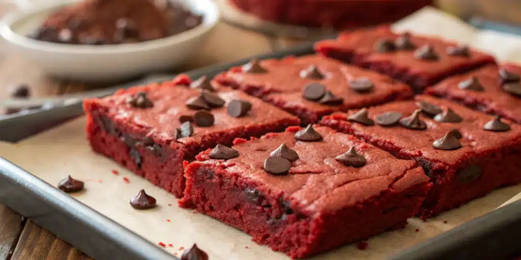 Gluten free Red Velvet Brownies on a wooden table