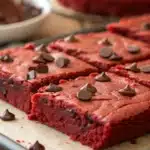 Gluten free Red Velvet Brownies on a wooden table