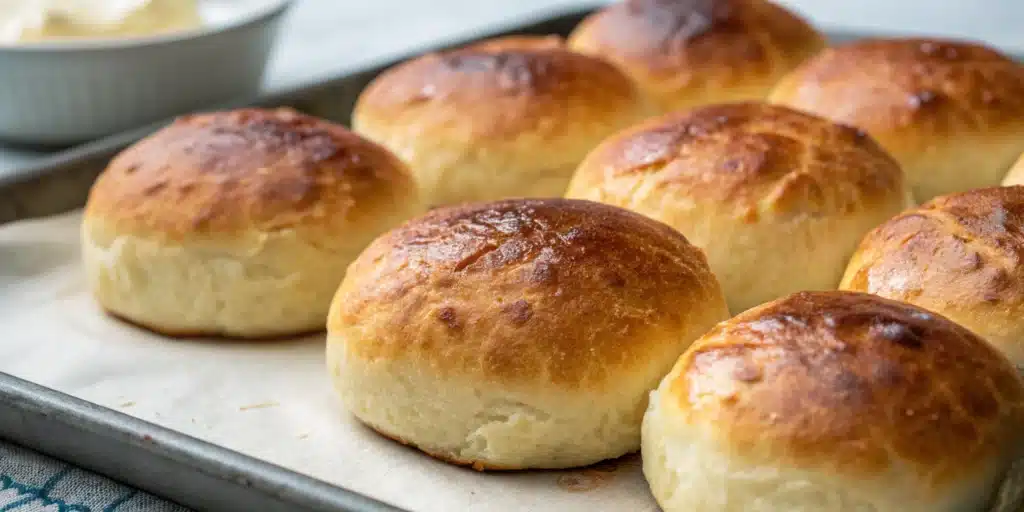 Freshly baked gluten-free potato buns on a wooden board