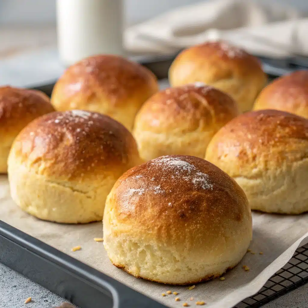 Freshly baked gluten-free potato buns on a wooden board